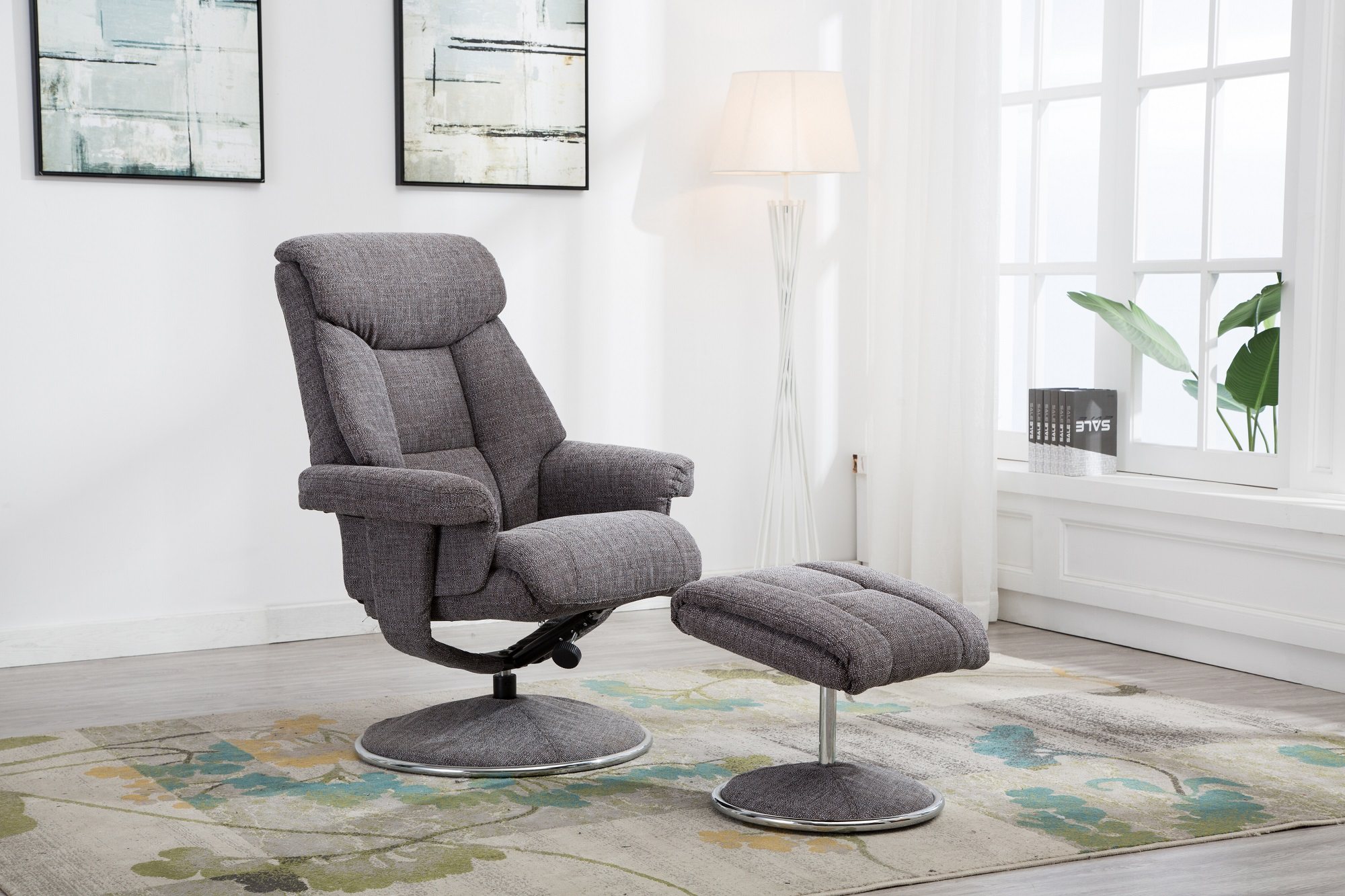 Grey recliner chair with shop footstool