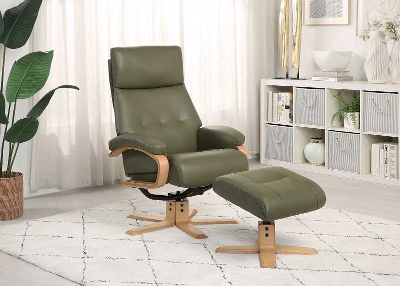 Kember Swivel Recliner + Free Footstool In Olive Green