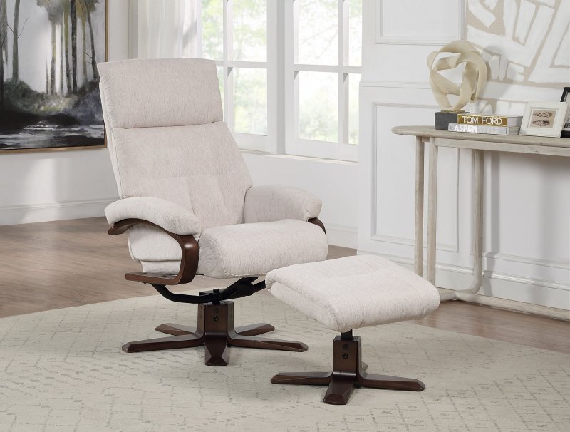 Kember Swivel Recliner + Free Footstool In Beige Fabric