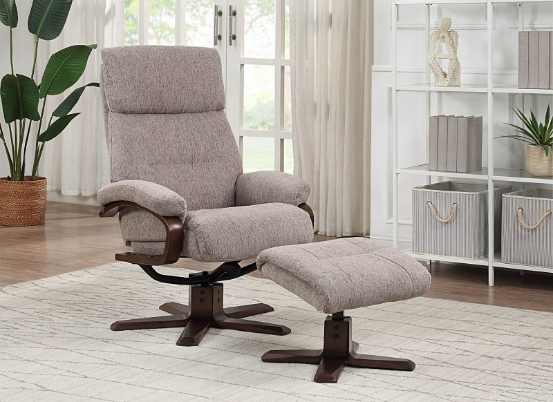 Kember Swivel Recliner + Free Footstool In Taupe Fabric